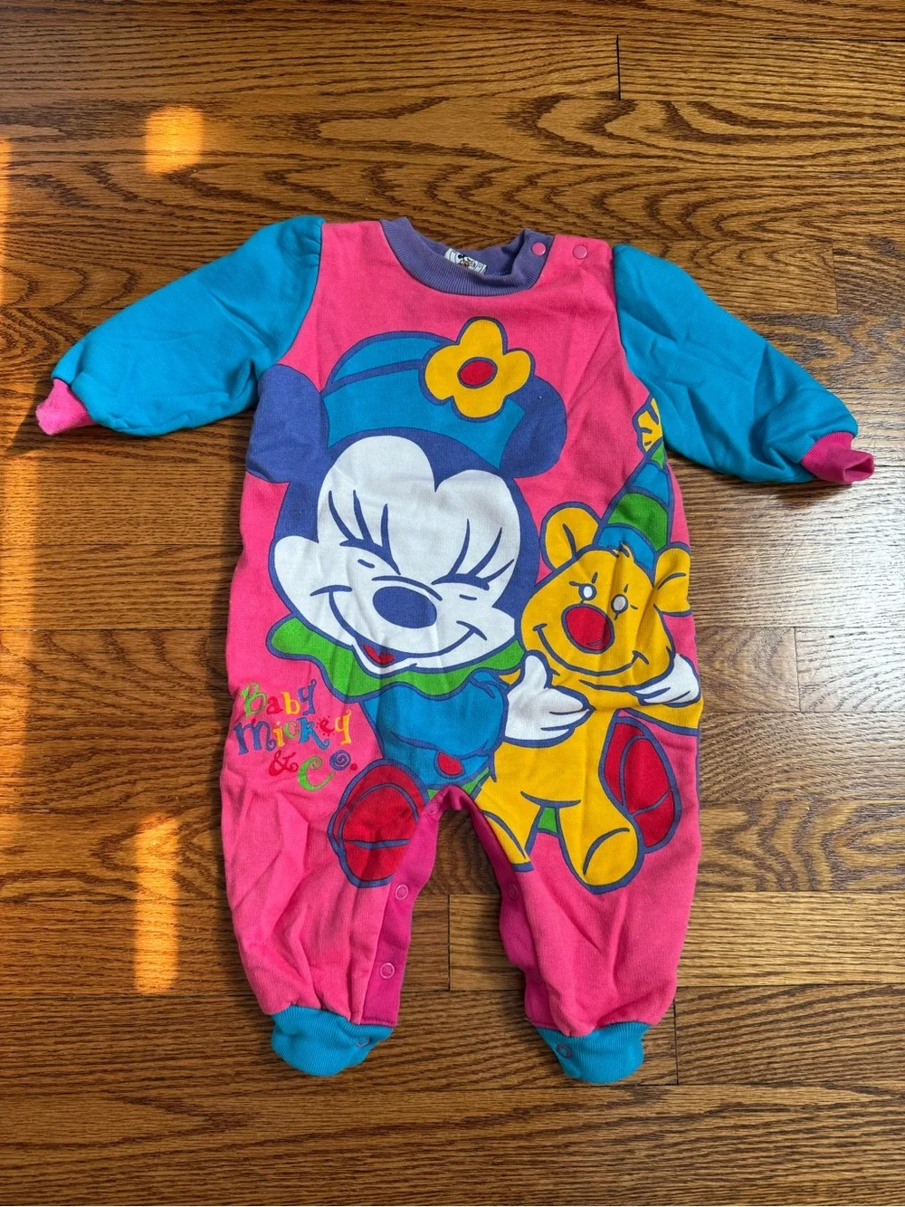 Vintage 90s Baby Mickey & Co Minnie Mouse Colorblock Fleece Romper Jumpsuit 12M⁠